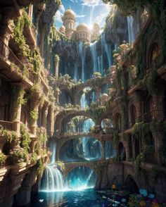 an artistic painting of a waterfall in the middle of a city with flowers growing out of it