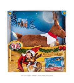 the elf and reindeer are playing together in their christmas toys box, which is also on display