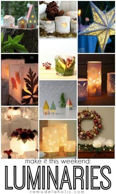 there are many different pictures with lights and decorations on them in this collage that says make it this weekend luminaries