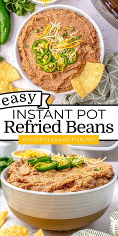 easy instant pot refried beans recipe in a bowl with tortilla chips on the side