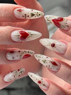 Multicolor  Collar    Uñas 3D Embellished Nail Design Geometric, Spanish Theme Nails, Mystical Nails Almond, Red Art Nails, Mexican Heart Nails, Red Nails With Art, Loteria Nails, Red 3d Nails, Sacred Heart Nail Art