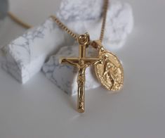 Vintage Miraculous Medal Gold Cross Necklace for Women Men Grandma Grandpa Girl Boy Sacred Heart Dainty Blessed Mother Mary Necklace Tiny Small Religious Jesus 1940s Antique Our Lady of Grace Medallion Anniversary Gift Birthday Gift Feel lost & unsure? Solidify Your Belief With Your New Crucifix & Mary Necklace To Inspire You During Difficult Times! This necklace around your neck will always remind you that you are close to God and his protection! Carry love and protection with you, wherever you Mother Mary Necklace Gold, Catholic Cross Necklace, Saint Necklace, Dope Jewelry Accessories, Mary Necklace, Virgin Mary Necklace