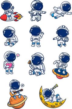 cute astronaut design with various poses Mini Astronaut, Astronaut Template, Astronaut Clipart, Cartoon Astronaut, Animated Astronaut, Cute Astraunaut Cartoon, Astronaut Cute Illustration