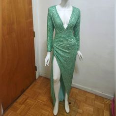 Full Length Deep V Front And Back Slight Ruching High Split Long Sleeves Removable Should Pads Green Long Sleeve Party Gown, Green Long Sleeve Evening Dress For Night Out, Glamorous Green Long Sleeve Gown, Green V-neck Party Gown, Glamorous Green V-neck Maxi Dress, Green V-neck Evening Dress For Night Out, Glamorous Green V-neck Gown, Glamorous Green Spring Gown, Glamorous Spring Green Gown