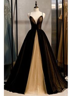 Black With Champagne Ballgown Prom Dress Vneck With Spaghetti Straps Dress Engagement, Evening Dress Long, Black Evening Gown, Custom Prom Dress, Evening Gown Dresses, Black Tulle, Sweet 16 Dresses, Block Dress, Tulle Prom Dress