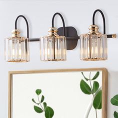 three light bathroom fixture with clear glass shades and gold accents on the wall next to a mirror