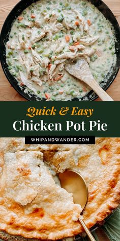 chicken pot pie in a cast iron skillet with a serving spoon on the side