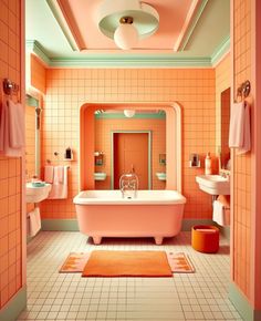 an orange and pink bathroom with a claw foot tub