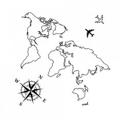 a black and white map with an airplane flying over the world on top of it