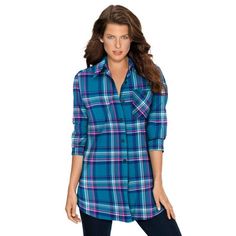 Roaman's Women's Plus Size Flannel Tunic Plaid Shirt.A relaxed fit gives way to this effortless top crafted in a soft flannel fabric, making for an easy take on a forever classic style. Dress it up with leggings and your favorite pair of boots. 32" lengthCottonMachine washImported. About the brand: Roamans is known for our fashionable plus size clothing. Weve made it our goal to provide clothing for plus size women that doesnt scream plus size but matches the fun styles of current fashion trends Plus Size Flannel, Flannel Tunic, Current Fashion, Purple Orchids, Fabric Making, Current Fashion Trends, Flannel Fabric, Soft Flannel, Red Plaid