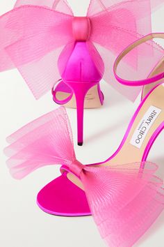 Jimmy Choo Heels Pink, Pink Designer Shoes, Barbie Pink Shoes, Barbiecore Wedding, Jimmy Choo Aveline, Barbiecore Fashion, Pink Jimmy Choo, Statement Heels, Satin Sandals