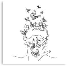 a woman's hand with butterflies flying over her head, in black and white