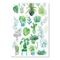 a green and white poster with various plants on it's sides, including cacti