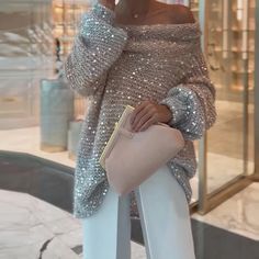 Olivia Mark - Solid Color Loose Fit Sequin Embellished Sweater with Wide Shoulders Embellished Sweaters, Hacks Clothes, Hot Style, Sweater For Women, Fashion Hacks, Fashion Fall, Cozy Sweater, Loose Sweater, A Word