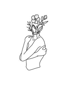 a black and white line drawing of a vase with flowers in it's head