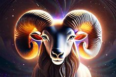 a painting of a ram in the middle of space with bright lights on its face