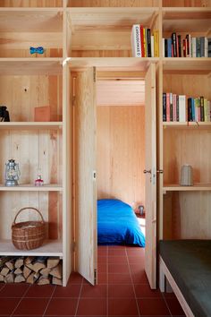 a room with bookshelves, shelves and a blue bed in it's corner