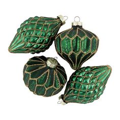 four green glass ornaments with gold trim on them, one is shaped like an ornament