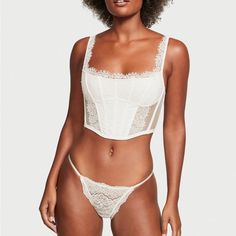 Fall In Love With This Romantic Bikini, Showcasing Delicate Details. Color: Coconut White Low Rise Cotton Panel Gusset Moderate Back Coverage: Shows A Little, But Not All Partially Made From Recycled Materials Machine Wash Imported Composition Front: 59% Recycled Polyamide, 29% Polyamide, 12% Elastane Back: 58% Recycled Polyamide, 27% Polyamide, 15% Elastane Gusset: 100% Cotton Offers Welcome!! Bundle And Save!! White Bra Friendly Corset, White Underwire Corset With Lined Body, Victoria Secrets Coconut, White Lace Corset, White Corset Top, Lace Corset Top, Beauty Event, White Corset, Black High Waist