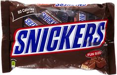 snickkers chocolate candy bar with fun size wrapper on the front and bottom