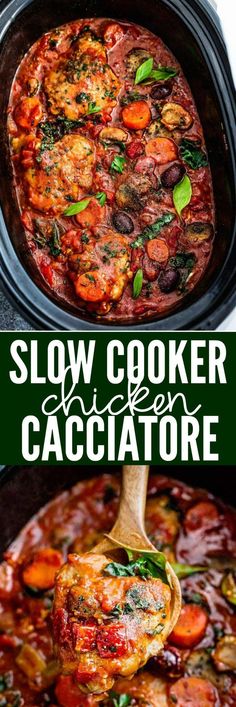 slow cooker chicken cacciatore in a crock pot with text overlay