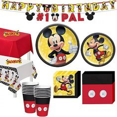 mickey mouse birthday party supplies including tableware and decorations