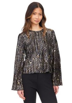 A shimmery metallic overlay, abstract print, and flared sleeves elevate this MICHAEL Michael Kors blouse. | MICHAEL Michael Kors Women's Flare Sleeve Foil Print Blouse, Large Metallic Overlay, Beauty Stocking Stuffers, Black Bell Sleeve Top, Dress Shirt And Tie, Plus Dresses, Foil Print, Petite Dresses, Print Blouse, Flared Sleeves