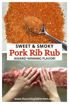 the recipe for sweet and smoky pork rib rub is shown in two different pictures, one with