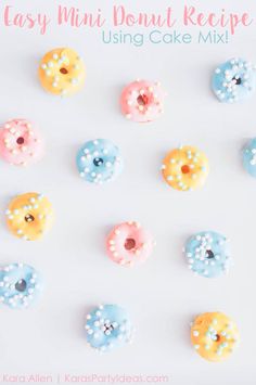 an image of donuts with icing and sprinkles on them that say easy mini donut recipe using cake mix