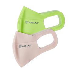 pair of face masks with logo on the side and neon green, white and light pink colors