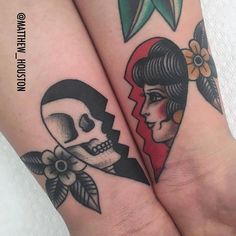 two tattoos on the legs of women with skulls and flowers in their hair are shown