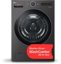 the washer dryer is in front of a red sign that says wash compo all - in - one