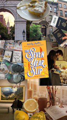 the seven year slip book cover collage with images of food, books and people