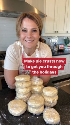 a woman is smiling with some bread on the counter in front of her and an ad that says make pies now to get you through the holidays