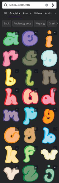 an iphone screen showing the alphabets and numbers for each letter in different colors, shapes and sizes