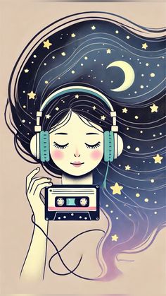 a girl with headphones holding up a cassette