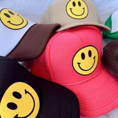 NOT A PATCH- HEAT TRANSFER VINYL Trucker Hat Your Selected Color Text Smiley w/ Black Outer Circle Unless On Black Hat Because It Will Not Show Up Heat Transferred Vinyl Design Poly Foam w/ Mesh Back Plastic Adjustable Snap Strap Retro Adjustable Dad Hat For Summer, Trendy Trucker Hat For Outdoor Events, Trendy One Size Fits Most Trucker Hat For Outdoor, Playful Outdoor Hat With Curved Brim, Playful Curved Brim Outdoor Hat, Trendy Trucker Hat For Outdoor, Trendy Outdoor Dad Hat, Trendy Outdoor Baseball Cap, Trendy Brimmed Baseball Cap For Outdoor