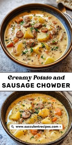 two bowls of creamy potato and sausage chowder