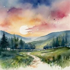 a watercolor painting of a sunset in the mountains