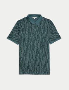 Crafted from smooth and breathable pure cotton, this geometric print polo shirt from our Autograph collection is easy to wear and eye-catching. It's made in a comfy regular fit. The concealed button fastening at the colour block collar is smart and on-trend. Autograph: premium investment pieces featuring contemporary cuts and refined finishing touches. Green Cotton Polo Shirt With Graphic Print, Casual Collared Tops With Geometric Pattern, Casual Collared Top With Geometric Pattern, Cotton Shirt With Geometric Pattern For Work, Modern Short Sleeve Tops With Geometric Pattern, Modern Summer Polo Shirt, Modern Tops With Geometric Pattern For Workwear, Modern Tops With Geometric Pattern For Work, Cotton Polo Shirt With Graphic Print