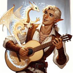 a man holding a guitar next to a white dragon