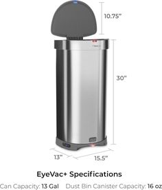 an image of a stainless steel trash can with measurements for the top and bottom portion