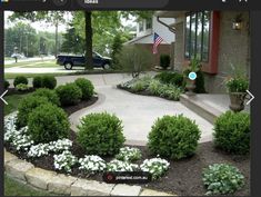 a driveway surrounded by bushes and white flowers