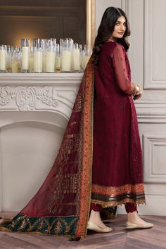 Red Chinon Salwar Kameez For Transitional Season, Red Salwar Kameez For Transitional Celebration, Red Salwar Kameez For Celebrations And Transitional Seasons, Elegant Red Churidar With Sheer Dupatta, Festive Unstitched Purple Suit With Intricate Embroidery, Red Lawn Suit With Sheer Dupatta For Wedding, Festive Purple Unstitched Suit With Intricate Embroidery, Red Kurta With Sheer Dupatta For Celebration, Red Semi-stitched Lawn Suit With Sheer Dupatta