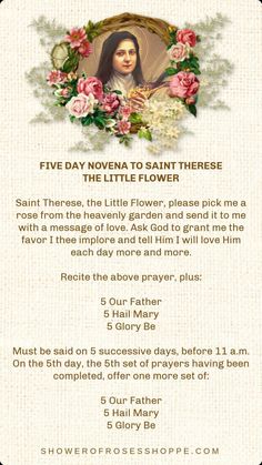 a card with the words five day november to saint theresie and an image of st teresa