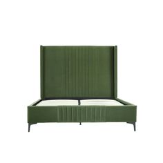 an upholstered green bed with black legs and headboard, on a white background