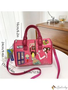 Bird in Bag - Geometric Pattern PU Leather Tote Bag Pink Crossbody Office Bag, Trendy Rectangular Satchel For Errands, Trendy Pink Satchel For Office, Trendy Pink Office Satchel, Pink Top Handle Office Bag, Trendy Pink Leather Box Bag, Pink Double Handle Office Bag, Pink Double Handle Box Bag For Office, Pink Office Bag With Detachable Strap