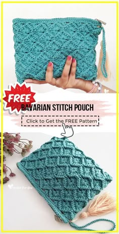 the crocheted pouch is made with yarn and has two hands holding it in place