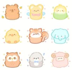 some cute little cartoon animals on a white background