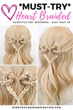 braided hairstyle Hairstyle For Beginners, Heart Hairstyle, Hair For Beginners, Braided Heart, Half Up Half Down Hairstyle, Kids Style Hair, Down Hairstyle, Girl Hair Dos, Everyday Hair